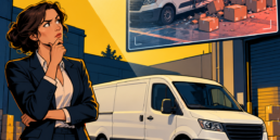 Una donna confronta un furgone integro con la sua immagine danneggiata su uno schermo, in un’illustrazione a fumetto sui video falsi generati con AI.