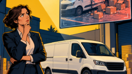 Una donna confronta un furgone integro con la sua immagine danneggiata su uno schermo, in un’illustrazione a fumetto sui video falsi generati con AI.