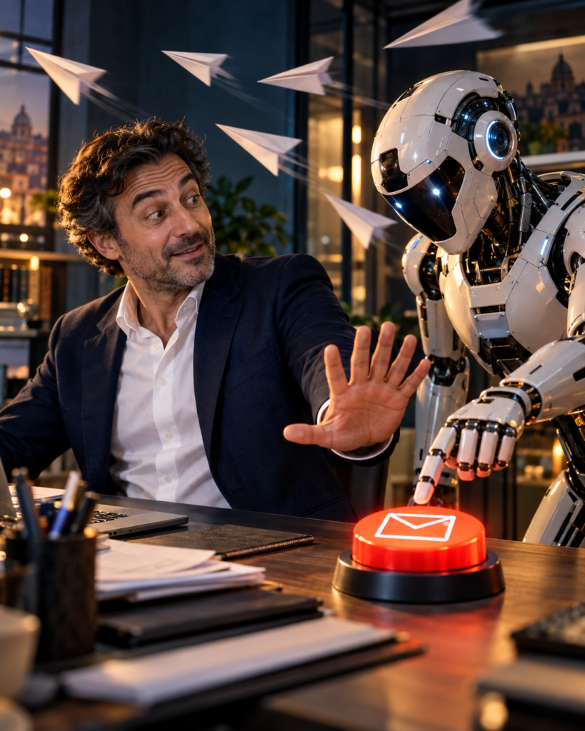 Un imprenditore di fantasia ferma con la mano un robot che sta per premere un grande pulsante di invio email.