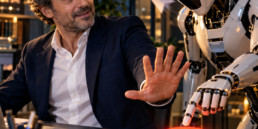 Un imprenditore di fantasia ferma con la mano un robot che sta per premere un grande pulsante di invio email.