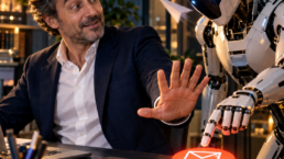 Un imprenditore di fantasia ferma con la mano un robot che sta per premere un grande pulsante di invio email.