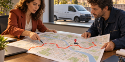 Due persone di fantasia esaminano una mappa dei percorsi di un mezzo aziendale.
